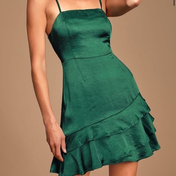 Lulu’s Dreams Come True Emerald Green Satin Ruffled Mini Dress - Picture 1 of 7